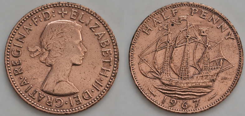 Half Penny historische Umlaufmünze von 1967, Elisabeth II